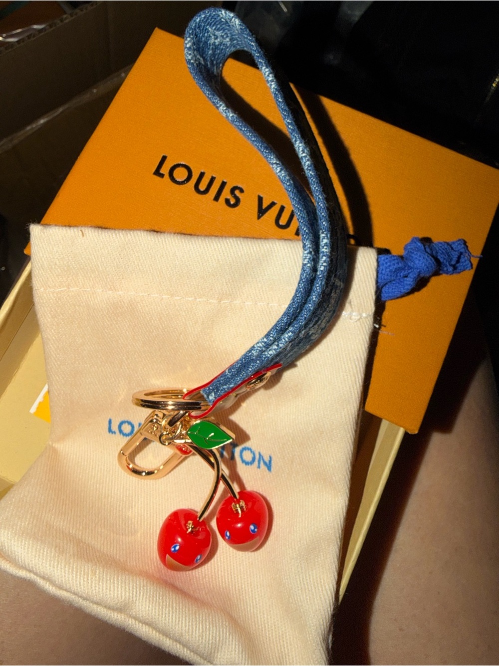 Fashion Cherry Charm Key Holder with Denim Strap
